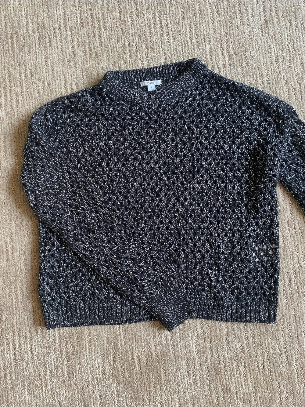 Bar III Metallic Silver and Black Crochet Crewneck Oversized Slouchy Sweater